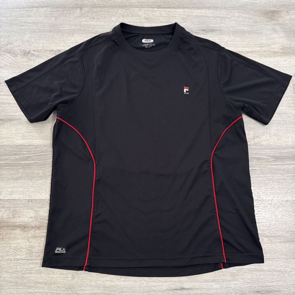 Fila Sport Shirt Men’s Black Large Polyester Red Piping Athletic Workout Tee